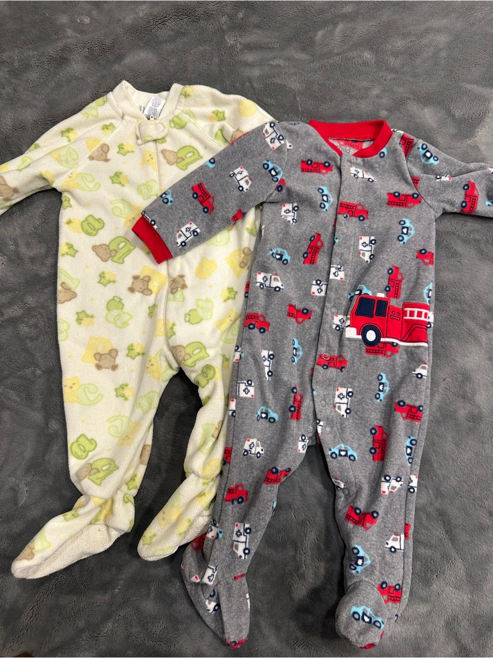 Gray Footed One-Piece with Car Print and Green/Yellow Fleece One Piece